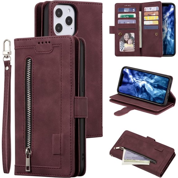 Wallet Case for iPhone 12 Pro Max 6.7 inch, Retro 9 Card Holder Slots Zipper Pocket Handbag Case PU Leather Magnetic Closure Kickstand with Wrist Strap TPU Shockproof Flip Case - Wine Red