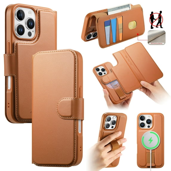 Wallet Case for iPhone 12 Pro Max Compatible with Mag-Safe, 2-in-1 PU Leather Flip Cover with RFID Blocking Card Holder Stand Shockproof Detachable Magnetic Case for iPhone 12 Pro Max, Brown