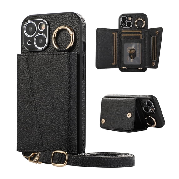 Wallet Case for iPhone 12 Pro Max Crossbody with Lanyard, PU Leather Folio Purse Cover with Card Holder, Case with Lens Protective Film, Shockproof Ring Buckle Case for iPhone 12 Pro Max, Black