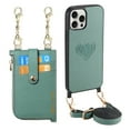 thumbnail image 1 of Wallet Case for iPhone 12 Pro Max with Detachable Card Holder, PU Leather Shoulder Strap Chain Crossbody Cover, Card Slots Heart Pattern Zipper Purse Case with Lanyard for iPhone 12 Pro Max, Green, 1 of 11