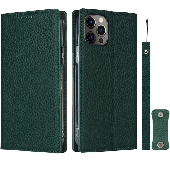 Wallet Case for iPhone 12 Pro Max with RFID Blocking Card Slots,Headset Winder,Flip Folio Magnetic Closure,Kickstand,Cash Pockets Wrist Strap Cover Case for iPhone 12 Pro Max 6.7",Deep Green