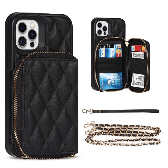 Wallet Case for iPhone 12 Pro Max, Shockproof Crossbody Strap Zipper Purse Case Card Holder with Kickstand Detachable Wrist Strap, 6.7 inch for iPhone 12 Pro Max,Black