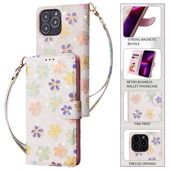 Wallet Case for iPhone 12 Pro with RFID Blocking Credit Card Slots Holder, Cute Patterned Gold Brushing Magnetic Flip Kickstand Wrist Strap Cover For iPhone 12 Pro, Flowers Blossoming