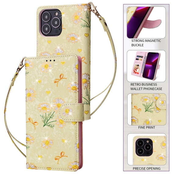 Wallet Case for iPhone 12 Pro with RFID Blocking Credit Card Slots Holder, Cute Patterned Gold Brushing Magnetic Flip Kickstand Wrist Strap Cover For iPhone 12 Pro, Yellow Daisy