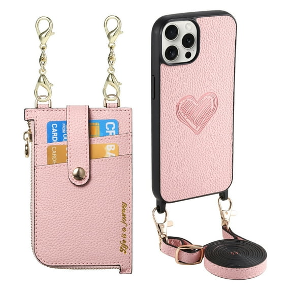 Wallet Case for iPhone 12 Pro / iPhone 12 6.1" with Detachable Card Holder, PU Leather Shoulder Strap Chain Crossbody Cover, Heart Pattern Zipper Purse Case with Lanyard for iPhone 12 Pro, Pink