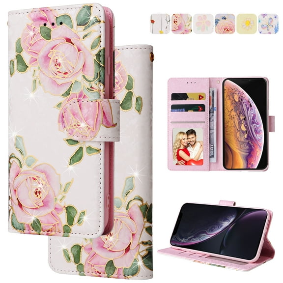 Wallet Case for iPhone 12 with RFID Blocking Credit Card Slots Holder, Cute Patterned Gold Brushing Magnetic Flip Kickstand Wrist Strap Cover For iPhone 12, Love Rose