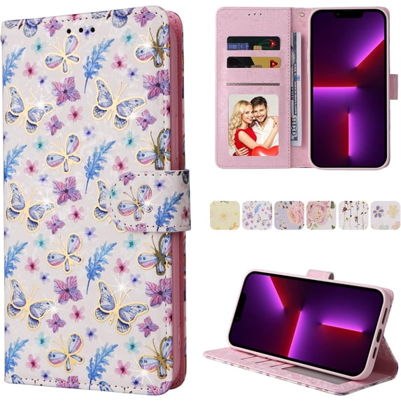 Wallet Case for iPhone 12/iPhone 12 Pro 6.1 inch, PU Leather Phone Case Kickstand RFID Blocking Flip Case Card Slots Wrist Strap Relief Engraved Pattern Magnetic Closure Folio Case - Butterfly