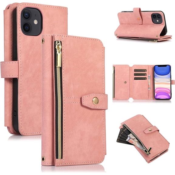 Wallet Case for iPhone 12(iPhone 12 Pro), iPhone 12(iPhone 12 Pro) Wallet Phone Case, Premium Zipper (with Wristlet) Flip Leather Phone Case for iPhone 12/12 Pro(6.1 inches)- Pink