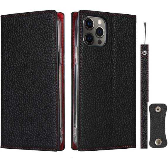 Wallet Case for iPhone 12/iPhone 12 Pro,with RFID Blocking Card Slots,Headset Winder,Flip Folio Magnetic Closure,Kickstand,Cash Pockets Wrist Strap Cover Case for iPhone 12/Pro 6.1",Black