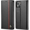 thumbnail image 1 of Wallet Case for iPhone 13 6.1 inch, Carbon Fiber Premium PU Leather Flip Case with Card Holder Magnetic Closure Protective Cover for iPhone 13 6.1 inch, Vertical Red Line, 1 of 8