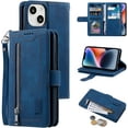 thumbnail image 1 of Wallet Case for iPhone 13 6.1 inch, Retro Matte 9 Card Holder Slots Zipper Pocket Case PU Leather Magnetic Closure Kickstand with Wrist Strap Folio Flip Case - Blue, 1 of 11