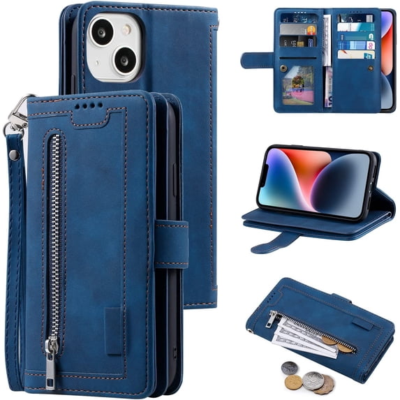 Wallet Case for iPhone 13 6.1 inch, Retro Matte 9 Card Holder Slots Zipper Pocket Case PU Leather Magnetic Closure Kickstand with Wrist Strap Folio Flip Case - Blue