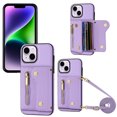 thumbnail image 1 of Wallet Case for iPhone 13, Classic Lychee Texture PU Leather Purse Case with Accordion Card Slots, Protective Crossbody Flip Cover with Zipper Shoulder Strap Lanyard for iPhone 13, Purple, 1 of 8