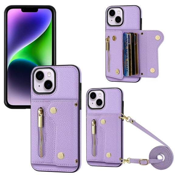 Wallet Case for iPhone 13, Classic Lychee Texture PU Leather Purse Case with Accordion Card Slots, Protective Crossbody Flip Cover with Zipper Shoulder Strap Lanyard for iPhone 13, Purple