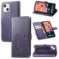 thumbnail image 1 of Wallet Case For iPhone 13, Clover Embossed Magnetic Closure Premium PU Leather [Folio Flip][Kickstand][Card Slots][Wrist Strap][Kickstand]Phone Cover For iPhone 13, Purple, 1 of 8