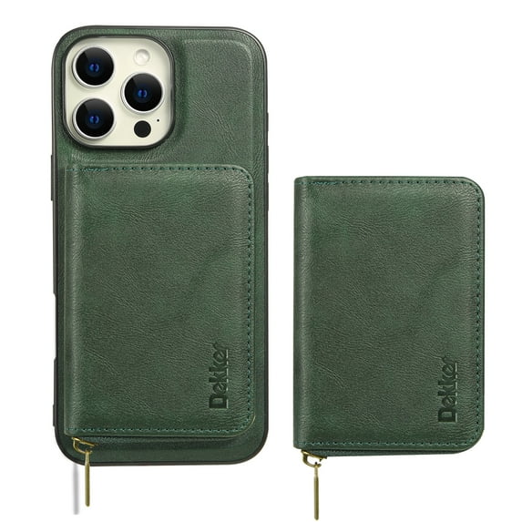 Wallet Case for iPhone 13 Compatible with MagSafe for Men Women, Detachable Magnetic Flip Zipper Wallet with RFID Blocking Card Slots Shockproof Rugged Anti-fall Phone Case,Green