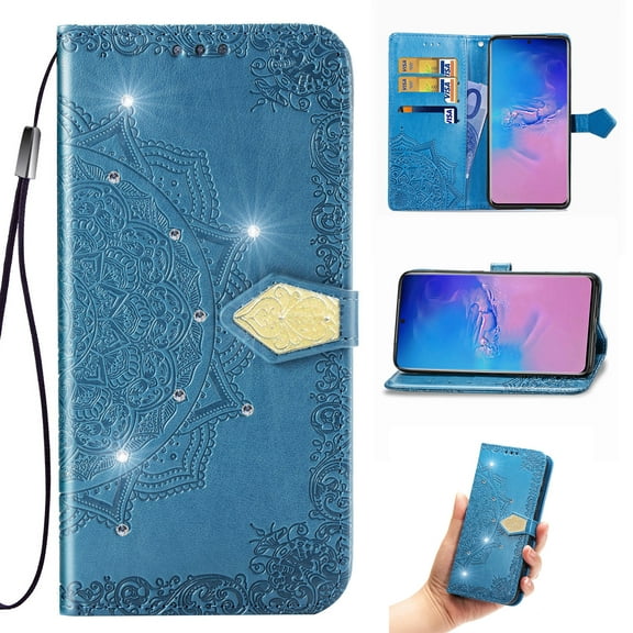 Wallet Case for iPhone 13, Flip Case PU Leather Diamond Emboss Mandala Flowers Wrist Strap Folio Card Slots Magnetic Kickstand Protective Phone Cover for iPhone 13, Blue