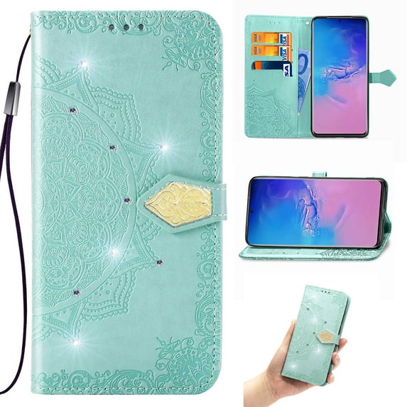 Wallet Case for iPhone 13, Flip Case PU Leather Diamond Emboss Mandala Flowers Wrist Strap Folio Card Slots Magnetic Kickstand Protective Phone Cover for iPhone 13, Green