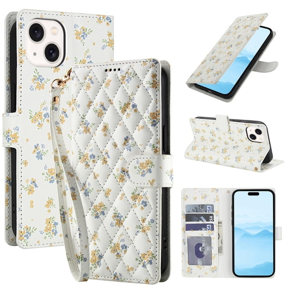 Wallet Case for iPhone 13, Flower PU Leather Durable Phone Case Kickstand Flip Case with Card Slots Wrist Strap Pattern Magnetic Closure Protective Case for iPhone 13 - D