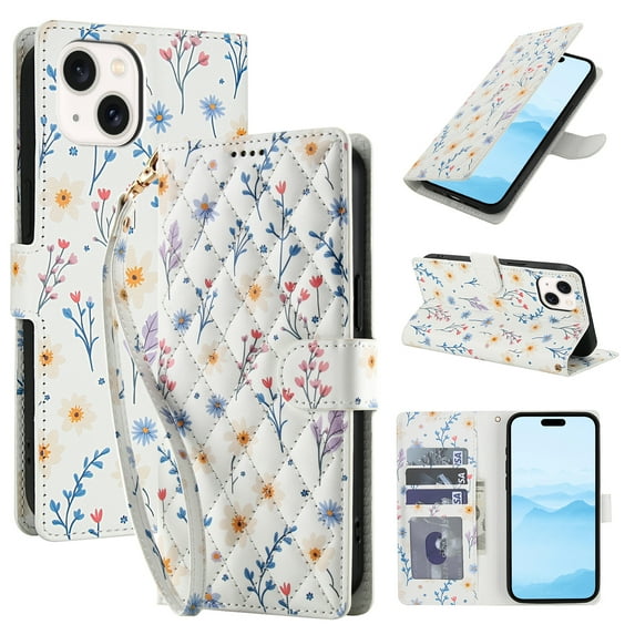 Wallet Case for iPhone 13, Flower PU Leather Durable Phone Case Kickstand Flip Case with Card Slots Wrist Strap Pattern Magnetic Closure Protective Case for iPhone 13 - E