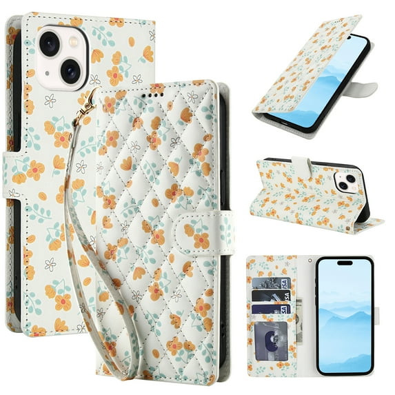 Wallet Case for iPhone 13, Flower PU Leather Durable Phone Case Kickstand Flip Case with Card Slots Wrist Strap Pattern Magnetic Closure Protective Case for iPhone 13 - C