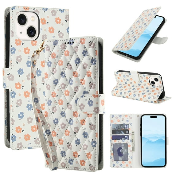 Wallet Case for iPhone 13, Flower PU Leather Durable Phone Case Kickstand Flip Case with Card Slots Wrist Strap Pattern Magnetic Closure Protective Case for iPhone 13 - B
