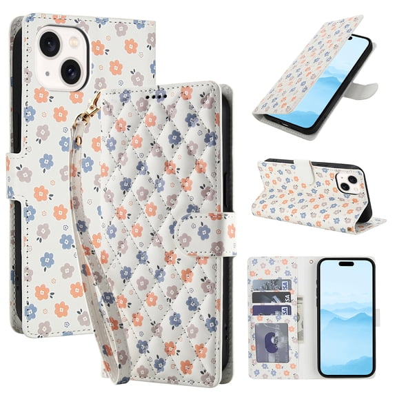 Wallet Case for iPhone 13, Flower PU Leather Durable Phone Case Kickstand Flip Case with Card Slots Wrist Strap Pattern Magnetic Closure Protective Case for iPhone 13 - B