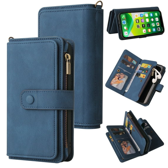 Wallet Case for iPhone 13, Magnetic Zipper Pouch Premium PU Leather with Kickstand Wallet Flip Shockproof Phone Case Wrist Strap Card Slots Holder Pocket iPhone 13,
Blue