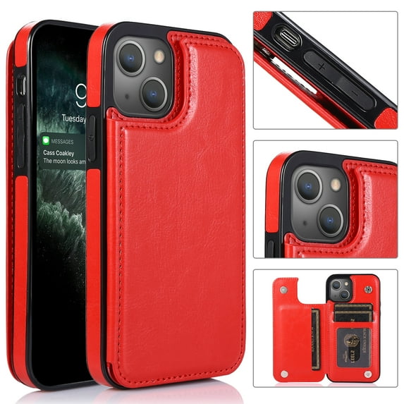 Wallet Case for iPhone 13 Mini with Card Holder, Back Folio Flip Premium PU Leather Kickstand Card Slots Case, Double Strong Magnetic Clasp Durable Shockproof Phone Case for iPhone 13 Mini,Red