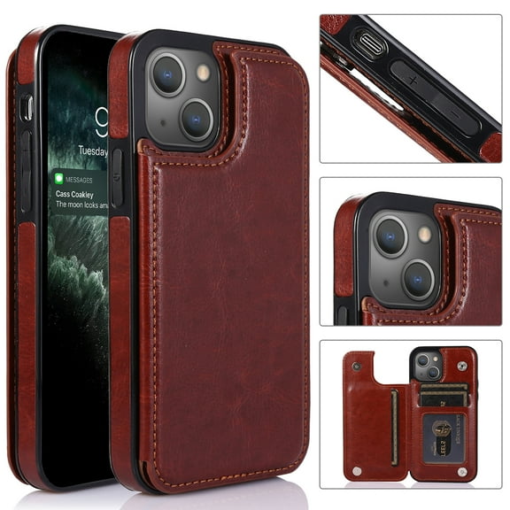 Wallet Case for iPhone 13 Mini with Card Holder, Back Folio Flip Premium PU Leather Kickstand Card Slots Case, Double Strong Magnetic Clasp Durable Shockproof Phone Case for iPhone 13 Mini,Brown