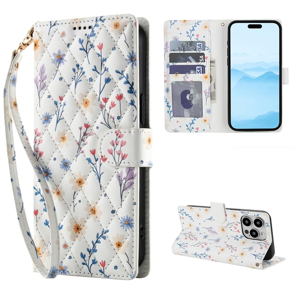 Wallet Case for iPhone 13 Mini with Credit Card Holder, Wrist Strap, Cute Floral Flower Pattern PU Leather Stand Flip Case, Magnetic Clasp Shockproof Cover for for iPhone 13 Mini, Pattern-E