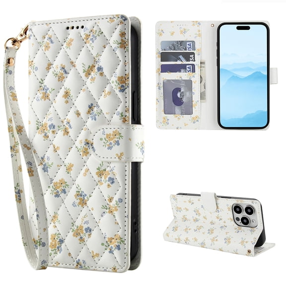 Wallet Case for iPhone 13 Mini with Credit Card Holder, Wrist Strap, Cute Floral Flower Pattern PU Leather Stand Flip Case, Magnetic Clasp Shockproof Cover for for iPhone 13 Mini, Pattern-D