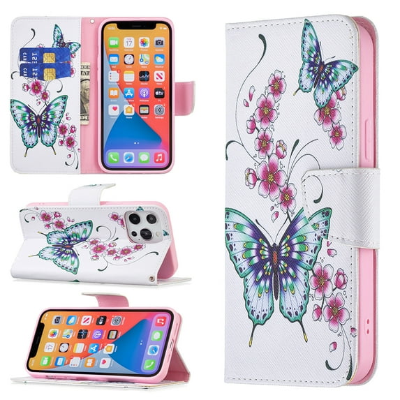 Wallet Case for iPhone 13 Mini, PU Leather Flip Cover Folio Magnetic Closure Slim Shell Dual Layer Heavy Duty Protective Bumper Card Holder Book Case for Apple iPhone 13 Mini,Blossom Butterfly