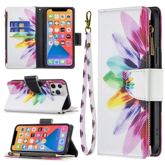 Wallet Case for iPhone 13 Mini, PU Leather Flip Folio Magnetic Closure Slim Shell Dual Layer Heavy Duty Protective Bumper Card Holder Wrist Strap for Apple iPhone 13 Mini,Sunflower
