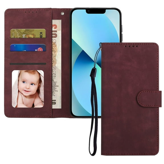 Wallet Case for iPhone 13 Mini, Premium PU Leather Soft TPU Shockproof Magnetic Flip Case with Kickstand Card Slots Cash Holder Wrist Strap Folio Phone Cover for iPhone 13 Mini 5.4 Inch,Winered