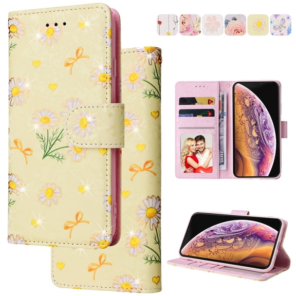 Wallet Case for iPhone 13 Mini with RFID Blocking Credit Card Slots Holder, Cute Patterned Gold Brushing Magnetic Flip Kickstand Wrist Strap Cover For iPhone 13 Mini, Yellow Daisy