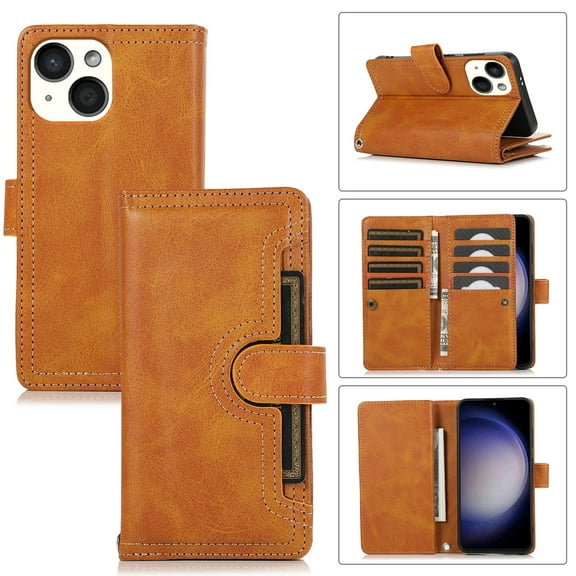 Wallet Case for iPhone 13 Mini with Wrist Strap [9 Card Slots] PU Leather RFID Blocking ID Credit Holder & Outer Pocket Folio Flip Kickstand Magnetic Clasp Shockproof Phone Cover,Orange