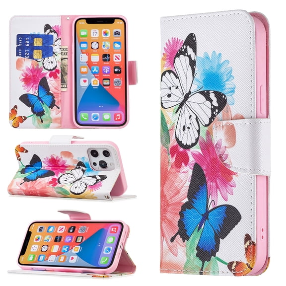 Wallet Case for iPhone 13, PU Leather Flip Cover Folio Magnetic Closure Slim Shell Dual Layer Heavy Duty Protective Bumper Card Holder Book Case for Apple iPhone 13,Butterfly