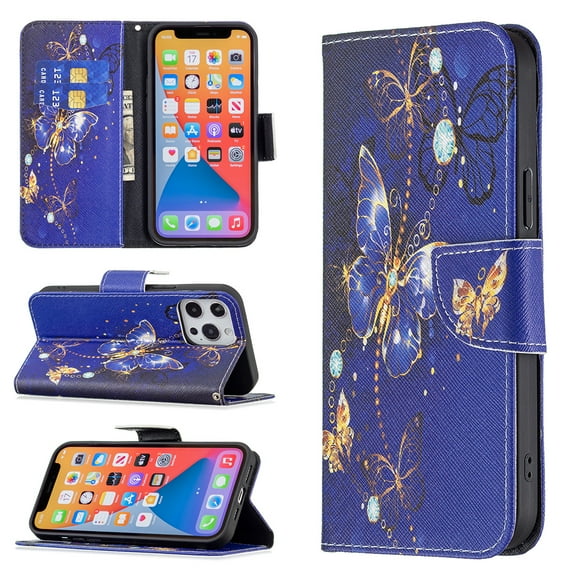Wallet Case for iPhone 13, PU Leather Flip Cover Folio Magnetic Closure Slim Shell Dual Layer Heavy Duty Protective Bumper Card Holder Book Case for Apple iPhone 13,Gold Butterfly