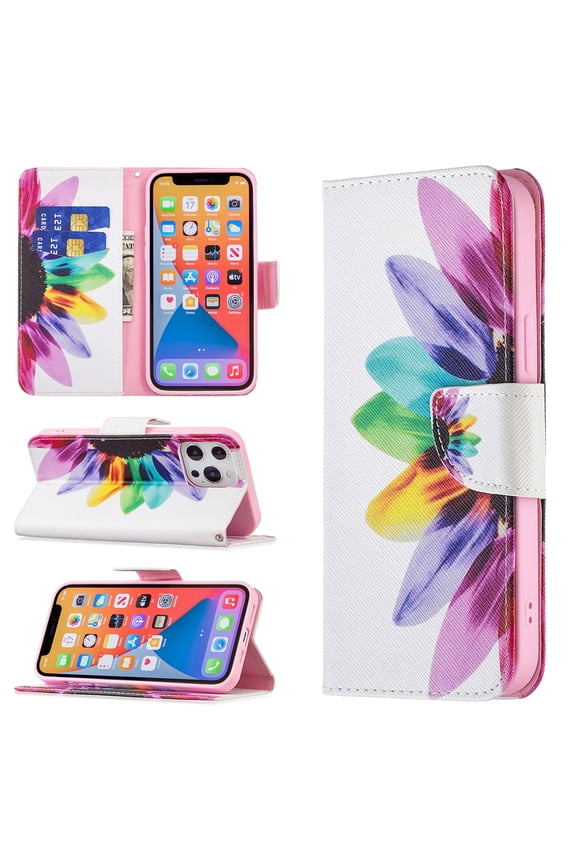 Wallet Case for iPhone 13, PU Leather Flip Cover Folio Magnetic Closure Slim Shell Dual Layer Heavy Duty Protective Bumper Card Holder Book Case for Apple iPhone 13,Sunflower