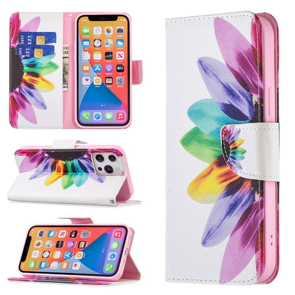 Wallet Case for iPhone 13, PU Leather Flip Cover Folio Magnetic Closure Slim Shell Dual Layer Heavy Duty Protective Bumper Card Holder Book Case for Apple iPhone 13,Sunflower