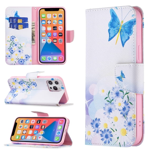 Wallet Case for iPhone 13, PU Leather Flip Cover Folio Magnetic Closure Slim Shell Dual Layer Heavy Duty Protective Bumper Card Holder Book Case for Apple iPhone 13,Butterfly Flower