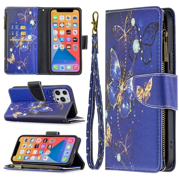 Wallet Case for iPhone 13, PU Leather Flip Folio Magnetic Closure Slim Shell Dual Layer Heavy Duty Protective Bumper Card Holder Wrist Strap for Apple iPhone 13,Blue Butterfly