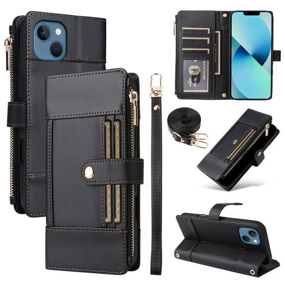 Wallet Case for iPhone 13, PU Leather RFID Blocking Card Slots Zipper Pocket Magnetic Buckle Kickstand Shoulder Strap & Wrist Strap Rugged Phone Cover for iPhone 13, Black