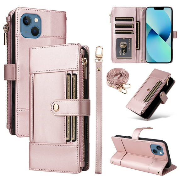 Wallet Case for iPhone 13, PU Leather RFID Blocking Card Slots Zipper Pocket Magnetic Buckle Kickstand Shoulder Strap & Wrist Strap Rugged Phone Cover for iPhone 13, Rosegold