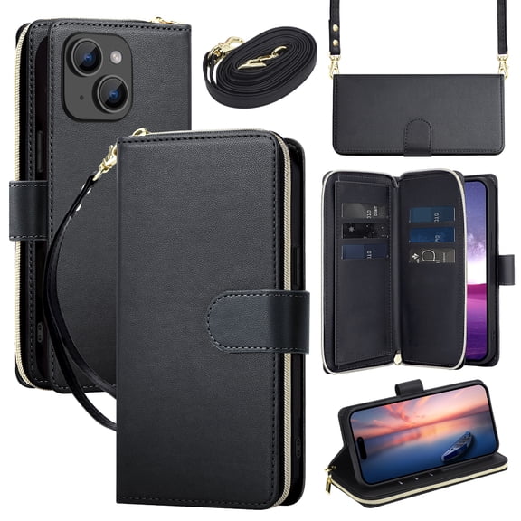 Wallet Case for iPhone 13, PU Leather TPU Protective Rugged Cover with Credit Card Slots Cash Slot Zipper Pocket Magnetic Closure Kickstand Wrist Strap & Adjustable Shoulder Strap, Black
