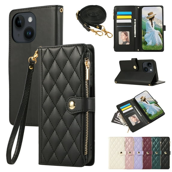 Wallet Case for iPhone 13, Premium Vintage PU Leather Magnetic Closure Handbag Zipper Pocket Case Kickstand Card Slots with Wrist Strap & Shoulder Strap Shockproof Flip Case - Black
