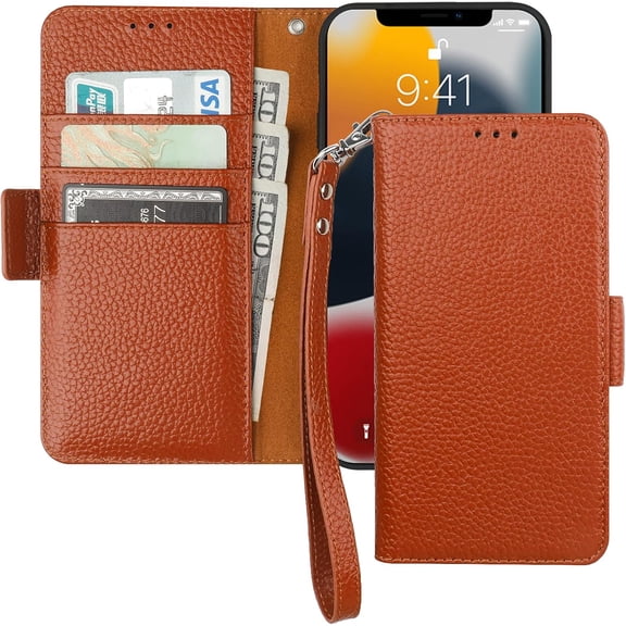 Wallet Case for iPhone 13 Pro 5G, Genuine Leather Support Wireless Charging RFID Blocking Flip Case Card Slots Holder, Kickstand Book Folding Folio Cover with Wrist Strap 6.1 Inch(Brown)