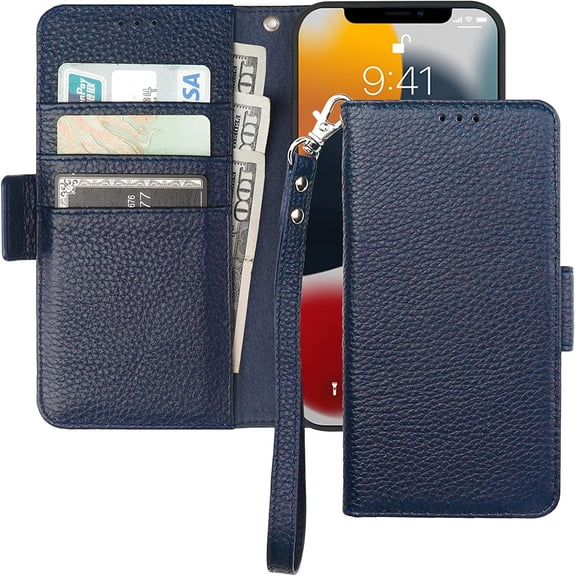 Wallet Case for iPhone 13 Pro 5G, Genuine Leather Support Wireless Charging RFID Blocking Flip Case Card Slots Holder, Kickstand Book Folding Folio Cover with Wrist Strap 6.1 Inch(Royal Blue)