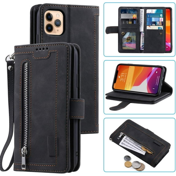 Wallet Case for iPhone 13 Pro 6.1 inch, Retro Matte 9 Card Holder Slots Zipper Pocket Case PU Leather Magnetic Closure Kickstand with Wrist Strap Folio Flip Case - Black